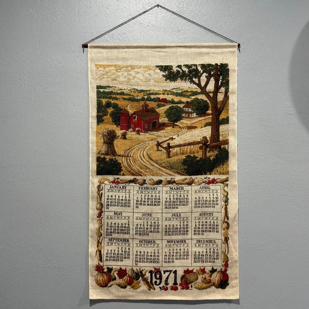 Vintage 1971 Linen Wall Hanging Calendar Rustic Red Barn Farm Scene 17x29